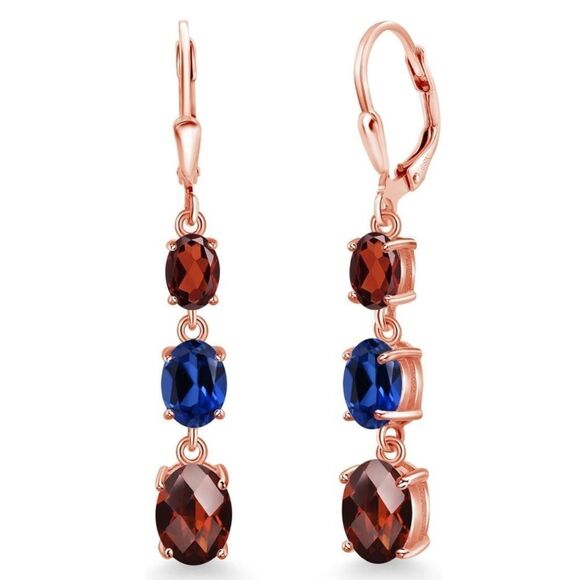 18K Rose Gold with 6.21Cttw 3 Stone Garnet and Royal Blue Sapphire Drop Earrings - Picture 1 of 5